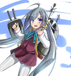Rule 34 | 10s, 1girl, ahoge, blue eyes, bow, dress shirt, front-seamed legwear, grey hair, kantai collection, kiyoshimo (kancolle), long hair, looking at viewer, machinery, open mouth, pantyhose, revision, sakuranoyukke, seamed legwear, shirt, skirt, skirt set, smile, solo, twintails, very long hair, white pantyhose