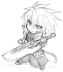 Rule 34 | arc system works, blazblue, chibi, fuyumura asuki, greyscale, male focus, monochrome, ragna the bloodedge, short hair, sketch, solo, sword, weapon, white background
