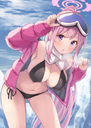 Rule 34 | 1girl, :o, absurdres, armpits, bikini, black bikini, blue archive, blush, breasts, breath, cleavage, down jacket, eimi (blue archive), eimi (swimsuit) (blue archive), goggles, goggles on head, halo, highres, jacket, large breasts, leaning forward, long hair, looking at viewer, matsu520, navel, outdoors, padded jacket, pink hair, pink halo, pink jacket, ponytail, purple eyes, revision, scarf, side-tie bikini bottom, ski goggles, solo, stomach, swimsuit, very long hair, white scarf