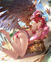 Rule 34 | 1girl, 77gl, angel wings, ass, bare arms, barefoot, bikini, bikini skirt, breasts, coin, commentary request, day, feathered wings, from behind, gold coin, inflatable raft, jewelry, legs up, looking at viewer, looking back, necklace, open mouth, outdoors, pearl necklace, plant, red bikini, red hair, rope ladder, ruby (shingeki no bahamut), shingeki no bahamut, small breasts, smile, solo, swimsuit, thighs, treasure chest, wings, wooden floor, yellow eyes