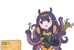 Rule 34 | 1girl, absurdres, animal ears, crate, crowbar, fang, gravity gun, gun, hair ornament, half-life, half-life (series), half-life 2, highres, holding, holding crowbar, holding gun, holding weapon, hololive, hololive english, looking to the side, mole, mole under eye, necktie, ninomae ina&#039;nis, open mouth, pointy ears, purple eyes, purple hair, sarcasrabbit, simple background, solo, standing, tentacle hair, tentacles, virtual youtuber, weapon, white background