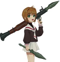 Rule 34 | 1girl, :d, antenna hair, black shirt, blouse, brown hair, cardcaptor sakura, carrying, carrying over shoulder, child, commentary, deent (30390450), english commentary, green eyes, hand up, high-explosive anti-tank (warhead), highres, holding, holding weapon, kinomoto sakura, looking at viewer, man-portable anti-tank systems, missile, neckerchief, open mouth, pleated skirt, puffy sleeves, rocket-propelled grenade, rocket (projectile), rocket launcher, rpg, rpg-7, rpg (weapon), sailor collar, school uniform, shirt, short hair, simple background, skirt, sleeve cuffs, smile, solo, tomoeda elementary school uniform, trigger discipline, upper body, weapon, white background, white neckerchief, white skirt