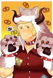 Rule 34 | 1boy, animal hands, bara, belt collar, blonde hair, blush, character request, claw pose, collar, copyright request, embarrassed, fujimachine (clayten), granblue fantasy, halloween, halloween costume, highres, horns, large pectorals, long sideburns, male focus, muscular, muscular male, partially unbuttoned, pectorals, shirt, short hair, sideburns, solo, spiked collar, spikes, tight clothes, tight shirt, upper body, wolf hood