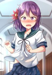 Rule 34 | 10s, 1girl, akebono (kancolle), alternate hair length, alternate hairstyle, blue skirt, blurry, blush, commentary request, depth of field, embarrassed, flower, gurande (g-size), hair flower, hair ornament, highres, indoors, kantai collection, looking at viewer, pleated skirt, purple eyes, purple hair, school uniform, serafuku, short sleeves, skirt, solo, trembling, v-shaped eyebrows, wavy mouth