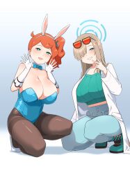 2girls absurdres alternate_breast_size alternate_costume animal_ears aqua_shoes aqua_sweater asuna_(blue_archive) asuna_(blue_archive)_(cosplay) asuna_(bunny)_(blue_archive) black_pantyhose blue_archive blue_eyes blue_leotard blue_pants breasts cleavage commentary_request cosplay costume_switch creatures_(company) cropped_sweater crossover detached_collar eyewear_on_head fake_animal_ears game_freak gloves green_eyes grin highres huge_breasts lab_coat large_breasts leotard looking_at_viewer multiple_girls nintendo orange_hair pants pantyhose playboy_bunny pokemon pokemon_swsh rabbit_ears shoes side_ponytail smile sonia_(pokemon) sonia_(pokemon)_(cosplay) squatting sweater toba_tsutsumi white_gloves