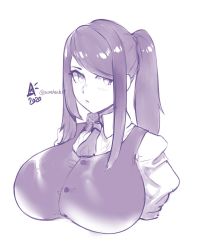 Rule 34 | 1girl, 2020, alternate breast size, aurahack, breasts, bursting breasts, collared shirt, highres, huge breasts, jill stingray, long hair, necktie, ponytail, shirt, sidelocks, signature, simple background, sketch, solo, swept bangs, twitter username, upper body, va-11 hall-a, vest, white background