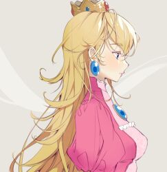 Rule 34 | 1girl, bird, blonde hair, blue eyes, breasts, chest jewel, closed mouth, colored eyelashes, crow, dress, earrings, facing to the side, grey background, hair between eyes, highres, jewelry, long hair, mario (series), medium breasts, nachoz (nachozart), nintendo, parted lips, pink dress, princess peach, profile, puffy short sleeves, puffy sleeves, short sleeves, solo, super mario bros. 1, upper body