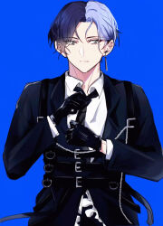 Rule 34 | 1boy, :|, adjusting clothes, adjusting necktie, aoyagi touya, black gloves, black jacket, black necktie, blue background, blue hair, chinese commentary, closed mouth, collared shirt, commentary request, curtained hair, dark blue hair, earrings, frilled jacket, frills, gloves, grey eyes, highres, jacket, jewelry, lapels, light blue hair, looking to the side, male focus, multicolored hair, necktie, niyou (2067858864), notched lapels, open collar, parted hair, project sekai, shirt, short hair, simple background, single earring, solo, split-color hair, suit jacket, two-tone hair, upper body, white shirt, zozotown
