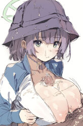 Rule 34 | 1boy, 1girl, black headwear, blue archive, breasts, breasts squeezed together, bucket hat, closed mouth, cum, cum on body, cum on breasts, cum on upper body, facial, gorirago, hair between eyes, halo, hat, hetero, highres, jacket, large breasts, long sleeves, male pubic hair, nipples, paizuri, penis, pubic hair, purple hair, saki (blue archive), saki (swimsuit) (blue archive), short hair, simple background, solo focus, white background