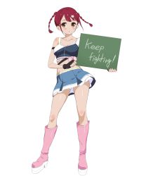 Rule 34 | 10s, 1girl, :o, arm strap, black gloves, blush, boots, braid, brown eyes, fingerless gloves, full body, gloves, hair ornament, highres, holding, holding sign, kaneko hiraku, knee boots, midriff, official art, pink footwear, platform boots, platform footwear, red hair, sign, simple background, skirt, solo, tokonome mamori, twin braids, valkyrie drive, valkyrie drive -mermaid-, white background