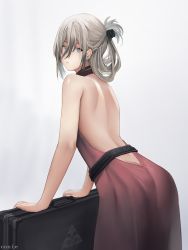 Rule 34 | 1girl, absurdres, an-94 (girls&#039; frontline), an-94 (silent rouge) (girls&#039; frontline), aqua eyes, artist name, back, back focus, bare back, bare shoulders, black dress, closed mouth, cozie178, defy (girls&#039; frontline), dress, feet out of frame, from side, girls&#039; frontline, grey hair, hair between eyes, hair ornament, highres, leaning on object, long hair, looking at viewer, official alternate costume, solo, standing, weapon case, white background
