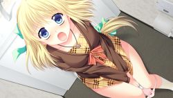 Rule 34 | 1girl, ayamisiro, between legs, blonde hair, blue eyes, blush, bow, breasts, brown jacket, covering crotch, covering privates, dress, embarrassed, game cg, green ribbon, hair ribbon, hand between legs, jacket, jewelry, knees together feet apart, long hair, looking at viewer, love-ressive, medium breasts, necklace, open mouth, otonashi ophilia reo, panties, panty pull, pink panties, plaid, plaid dress, ponytail, red bow, ribbon, sitting, solo, surprised, tears, toilet, toilet paper, toilet use, underwear