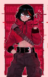 Rule 34 | 1girl, absurdres, alternate costume, artist name, bad id, bad twitter id, belt, belt buckle, black belt, black hair, blue eyes, buckle, chromatic aberration, commentary, cropped hoodie, drawstring, english commentary, expressionless, fingerless gloves, glitch, gloves, hair between eyes, halftone, hand in pocket, highres, honesty ag, hood, hood down, hoodie, kill la kill, looking up, matoi ryuuko, midriff, multicolored hair, navel, outline, pants, red gloves, red hair, red hoodie, screentones, short hair, single glove, solo, standing, streaked hair, white outline