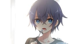 Rule 34 | 1boy, backlighting, black shirt, bloom, blue eyes, blue hair, brushing teeth, commentary, cup, holding, holding toothbrush, male focus, minahoshi taichi, open mouth, portrait, shirt, solo, toothbrush, twitter username, vocaloid, vsinger, white background, zhiyu moke