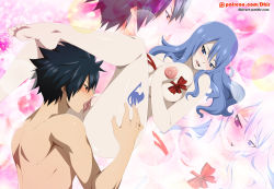 Rule 34 | 1boy, 1girl, artist name, black hair, blue hair, bottomless, breasts, couple, dkir, fairy tail, gray fullbuster, juvia lockser, licking, nipples, nude, text focus, thighs, uncensored