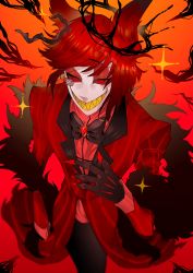 Rule 34 | 1boy, absurdres, alastor (hazbin hotel), anco henry, animification, bow, bowtie, brooch, colored sclera, demon, formal, grin, hazbin hotel, highres, jacket, jewelry, male focus, monocle, red eyes, red hair, red sclera, sharp teeth, simple background, smile, suit, teeth, white background, yellow teeth