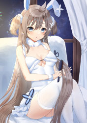 Rule 34 | 1girl, absurdres, animal ears, azur lane, blue eyes, breasts, brown hair, brushing hair, brushing own hair, cleavage, collarbone, couch, hair ornament, highres, huge filesize, konparu uran, long hair, looking at viewer, rabbit ears, sitting, small breasts, solo, thighhighs, umikaze (azur lane), umikaze (soft and fluffy therapy) (azur lane), white thighhighs, window