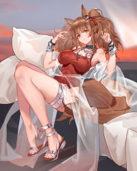 Rule 34 | 1girl, angelina (arknights), angelina (summer flower) (arknights), animal ears, arknights, bracelet, breasts, brown hair, choker, feihuanjiang, fox ears, fox tail, full body, hair between eyes, hair ribbon, hairband, highres, jewelry, large breasts, long hair, looking at viewer, necklace, official alternate costume, one-piece swimsuit, red hairband, red one-piece swimsuit, red ribbon, ribbon, sandals, shawl, sitting, solo, striped clothes, striped hairband, swimsuit, tail, two-tone hairband