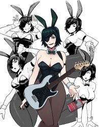 Rule 34 | 1girl, absurdres, aneurysm ax, animal ears, armband, black bow, black bowtie, black hair, black leotard, black nails, bow, bowtie, breasts, can, chainsaw man, cleavage, drooling, electric guitar, eyepatch, fake tail, fender stratocaster, guitar, halftone, highres, himeno (chainsaw man), holding, holding can, instrument, large breasts, leotard, looking at viewer, open mouth, pantyhose, playboy bunny, pouring, pouring onto self, rabbit ears, short hair, simple background, smile, solo, strapless, strapless leotard, tail, thighs, white background, wrist cuffs