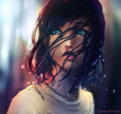 Rule 34 | 1girl, black hair, blue eyes, blurry, blurry background, close-up, closed mouth, day, face, facing viewer, lips, looking to the side, original, outdoors, short hair, solo, watermark, web address, wet, wet hair, wind, yuumei