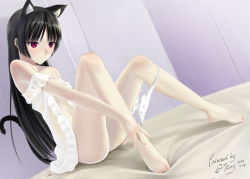 Rule 34 | 1girl, against wall, animal ears, barefoot, black hair, blush, bottomless, breasts, cat ears, cat tail, face, feet, gokou ruri, highres, hime cut, long hair, mole, mole under eye, okingjo, open clothes, open shirt, ore no imouto ga konna ni kawaii wake ga nai, panties, panty pull, red eyes, seductive smile, shirt, sitting, skinny, slender, small breasts, smile, smirk, solo, tail, toes, underwear