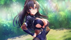 Rule 34 | 1girl, action taimanin, artist request, breasts, bush, covered navel, earrings, forest, fuuma tokiko, game cg, grass, hands on own hips, highres, jewelry, large breasts, leotard, lilith-soft, lips, long hair, looking at viewer, nature, official art, screencap, skin tight, solo, taimanin (series), upper body
