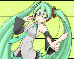 Rule 34 | 1girl, detached sleeves, green eyes, green hair, hatsune miku, headset, kazenonegura, long hair, looking at viewer, matching hair/eyes, necktie, open mouth, pleated skirt, pointing, pointing at viewer, skirt, solo, twintails, very long hair, vocaloid