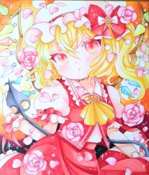 Rule 34 | 1girl, blonde hair, bow, breasts, collared shirt, cowboy shot, flandre scarlet, flower, hat, hat bow, hat flower, hat ribbon, head tilt, highres, laevatein (touhou), looking at viewer, marker (medium), medium hair, mob cap, multicolored wings, naruki, one side up, orange background, orange brooch, pink flower, pink petals, pink rose, puffy sleeves, red bow, red ribbon, red skirt, red vest, ribbon, rose, shirt, simple background, skirt, sleeve bow, sleeve ribbon, small breasts, solo, touhou, traditional media, vest, white hat, white shirt, wings, wrist cuffs