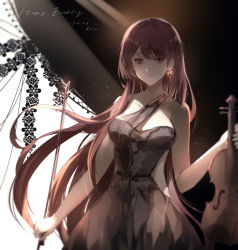 Rule 34 | 1girl, alternate hairstyle, black dress, collarbone, dated, dress, earrings, formal, girls&#039; frontline, hair down, happy birthday, instrument, jewelry, kleinlight, light particles, light rays, long hair, looking at viewer, official alternate costume, purple hair, red eyes, signature, sleeveless, sleeveless dress, smile, solo, very long hair, violin, wa2000 (ballroom interlude) (girls&#039; frontline), wa2000 (girls&#039; frontline)