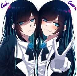Rule 34 | 2girls, ado (utaite), black bow, black bowtie, black coat, black hair, blue eyes, blue flower, blue hair, blue rose, bow, bowtie, breasts, chando (ado), clone, closed mouth, cloud nine inc, coat, collared shirt, colored inner hair, commentary, cool and cute, dress shirt, flower, flower brooch, gloves, highres, long hair, long sleeves, looking at viewer, mole, mole under eye, multicolored hair, multiple girls, open clothes, open coat, parted lips, rose, shadow, shirt, shoko (gs music11), sidelocks, simple background, small breasts, two-tone hair, upper body, utaite, v, white background, white gloves, white shirt