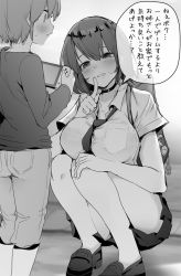 Rule 34 | 1boy, 1girl, age difference, bag, blush, bra visible through clothes, breast pocket, breasts, choker, collared shirt, commentary request, greyscale, large breasts, loafers, long sleeves, monochrome, necktie, nintendo switch, original, pocket, ryouma (galley), school bag, school uniform, shirt, shoes, short hair, short sleeves, skirt, squatting, translation request