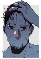 Rule 34 | 1boy, black eyes, border, closed mouth, collarbone, commentary, facial hair, facial mark, goatee stubble, golden kamuy, grey background, hand on own head, highres, looking at viewer, male focus, messy hair, naruysae, ogata hyakunosuke, portrait, short hair, solo, stubble, white border