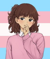 Rule 34 | 1girl, black eyes, blush, borrowed character, brown hair, cardigan, collared shirt, covering own mouth, highres, lgbt pride, long sleeves, looking at viewer, open mouth, original, pas (paxiti), pink cardigan, shirt, short ponytail, side ponytail, smile, transgender flag, upper body, white shirt