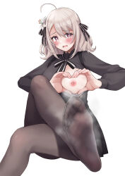 Rule 34 | 1girl, absurdres, ahoge, black dress, black pantyhose, black ribbon, blush, commission, dress, embarrassed, eyelashes, feet, flower, foot focus, foot out of frame, foreshortening, grey hair, hair between eyes, hair flower, hair ornament, hair ribbon, heart, heart-shaped boob challenge, heart-shaped pupils, heart hands, highres, knee up, legs, lily (flower), lily (spy kyoushitsu), long hair, long sleeves, neck ribbon, nipples, no shoes, one breast out, open mouth, pantyhose, pink eyes, puffy long sleeves, puffy sleeves, ribbon, sahara1127, shadow, short dress, sidelocks, simple background, skeb commission, smell, soles, solo, spy kyoushitsu, steaming body, symbol-shaped pupils, toes, white background, white ribbon