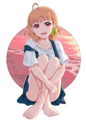 Rule 34 | 1girl, ahoge, bare legs, barefoot, blouse, bow, bowtie, braid, crossed bangs, dress, feet, full body, hair bow, hair ornament, hairpin, highres, hugging own legs, long hair, looking at viewer, love live!, love live! school idol festival, love live! sunshine!!, open mouth, orange hair, outline, pinafore dress, red eyes, shirt, short hair, side braid, sitting, sleeveless, sleeveless dress, smile, solo, strap, takami chika, transparent background, waste-man, white bow, white bowtie, white outline, white shirt, yellow bow