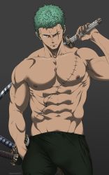 Rule 34 | 1boy, abs, bara, black pants, bulge, cowboy shot, dark-skinned male, dark skin, earrings, glaring, green hair, hand in pocket, highres, jewelry, large pectorals, looking at viewer, male focus, muscular, muscular male, navel, nipples, one piece, over shoulder, pants, pectorals, pinattsu, roronoa zoro, scar, scar across eye, scar on chest, scar on face, topless male, short hair, sideburns, single earring, solo, stomach, sword, sword over shoulder, weapon, weapon over shoulder