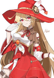 Rule 34 | 1girl, aged up, ahoge, alternate costume, alternate hairstyle, bow, bowtie, breasts, cleavage, commentary request, detached collar, detached sleeves, genshin impact, gloves, hair between eyes, hair down, hat, hat ornament, highres, klee (genshin impact), light brown hair, long hair, looking at viewer, red eyes, sidelocks, simple background, smile, solo, vision (genshin impact), white background, white gloves, witch hat, xishuu (user dvah3828)