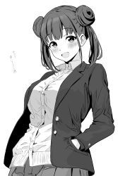Rule 34 | 1girl, :d, absurdres, blush, breasts, commentary request, double bun, greyscale, hair bun, hands in pockets, highres, idolmaster, idolmaster shiny colors, large breasts, looking at viewer, metsu end, monochrome, open mouth, shirt, short hair, simple background, skirt, smile, solo, sonoda chiyoko, translation request, vest, white background, white shirt