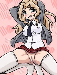 Rule 34 | 1girl, absurdres, arms behind head, blonde hair, blue eyes, blush, cleft of venus, clothes lift, covered erect nipples, girls und panzer, highres, jacket, kay (girls und panzer), long hair, looking at viewer, no panties, oekaki lemon, open clothes, open jacket, pussy, saunders school uniform, skirt, skirt lift, smile, solo, squatting, thighhighs