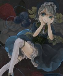 Rule 34 | 1girl, alternate costume, bonnet, corset, dress, eyeball, food, frills, fruit, green eyes, green hair, hands on own face, heart, komeiji koishi, lolita fashion, looking at viewer, matching hair/eyes, puffy sleeves, ribbon, rikapo, short hair, short sleeves, simple background, smile, solo, strawberry, string, thighhighs, third eye, tongue, tongue out, touhou, white thighhighs, wide sleeves