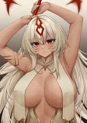 Rule 34 | 1girl, absurdres, armpits, arms up, azur lane, blush, breast curtains, breasts, cleavage, gradient background, highres, holding, large breasts, long hair, parted lips, red eyes, sao martinho (azur lane), simple background, solo, ueyama 0clock, upper body, white hair