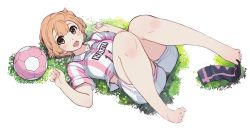 Rule 34 | 1girl, :d, ball, bare legs, barefoot, blush, brown eyes, brown hair, highres, inukai kiiro, knees together feet apart, looking at viewer, lying, mai ball!, mil (xration), on back, on grass, open mouth, pink shirt, shirt, short hair, short sleeves, shorts, smile, soccer ball, soccer uniform, solo, sportswear, striped clothes, striped shirt, tomboy, vertical-striped clothes, vertical-striped shirt, white shorts