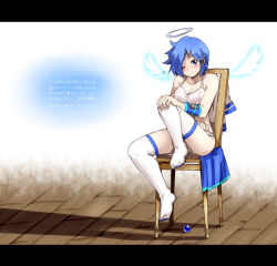 Rule 34 | 1girl, bad id, bad pixiv id, blue eyes, blue hair, blush, detached wings, feet on chair, halo, letterboxed, m.u.g.e.n, matching hair/eyes, no shoes, one eye closed, oso (toolate), sitting, solo, thighhighs, underwear, wings, wink