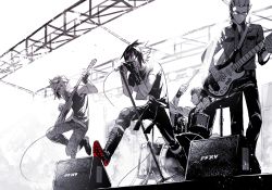 Rule 34 | 10s, 4boys, boots, concert, drum, drum set, drumming, ebira, final fantasy, final fantasy xv, gladiolus amicitia, glasses, gloves, guitar, ignis scientia, instrument, jumping, male focus, microphone, microphone stand, monochrome, multiple boys, music, noctis lucis caelum, open mouth, playing instrument, prompto argentum, singing, sleeveless, spiked hair, spot color, stage lights, tank top, tattoo