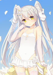 Rule 34 | 10s, 1girl, :o, alternate costume, amatsukaze (kancolle), arm at side, bare shoulders, blue sky, blush, body blush, bow, bracelet, collarbone, cowboy shot, day, elbow gloves, garter straps, gloves, hair tubes, hairband, hat, hat bow, hat ornament, head tilt, highres, jewelry, jyt, kantai collection, layered skirt, long hair, looking at viewer, mini hat, mini top hat, miniskirt, open mouth, petals, pink thighhighs, silver hair, skirt, sky, sleeveless, smile, solo, standing, tareme, thighhighs, top hat, twintails, two side up, very long hair, waist cape, white gloves, white hairband, white hat, white skirt, white theme, yellow eyes, zettai ryouiki