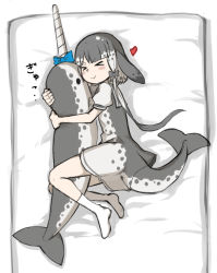 Rule 34 | &gt; &lt;, 1girl, black bow, blowhole, blue bow, blue neckerchief, bow, cetacean tail, commentary request, dress, fins, fish tail, grey dress, grey hair, hair bow, heart, hug, kemono friends, multicolored hair, narwhal (kemono friends), neckerchief, no shoes, numero 509, on bed, puffy short sleeves, puffy sleeves, sailor collar, sailor dress, short hair, short hair with long locks, short sleeves, socks, solo, stuffed animal, stuffed toy, tail, two-tone dress, white hair, white socks