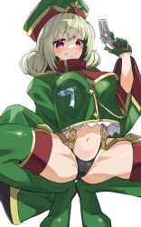 Rule 34 | 1girl, absurdres, araga kiwi, black panties, blaze (blazeillust), boots, cameltoe, commentary, cropped jacket, derringer, double bun, garter straps, gloves, green footwear, green gloves, green hair, green hat, green jacket, grin, gun, hair bun, handgun, hat, hat ornament, highres, holding, holding gun, holding weapon, jacket, leoparde (mahou shoujo ni akogarete), long sleeves, looking at viewer, magical girl, mahou shoujo ni akogarete, medium hair, military hat, military jacket, mole, mole under eye, panties, purple eyes, simple background, smile, solo, squatting, star (symbol), star hat ornament, thigh boots, underwear, very long sleeves, weapon, white background