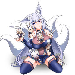 Rule 34 | 1girl, animal ear fluff, animal ears, azur lane, boots, breasts, chibi, clone, fox ears, fox girl, fox tail, kitsune, kyuubi, large breasts, long hair, microskirt, mini person, minigirl, multiple girls, multiple persona, multiple tails, official alternate costume, panty straps, rabbit ears, race queen, shimakaze (azur lane), shinano (azur lane), shinano (moonlit chrome) (azur lane), skirt, small breasts, smile, steed (steed enterprise), tail, thighhighs, thighhighs under boots, very long hair, white hair, white tail, yellow eyes