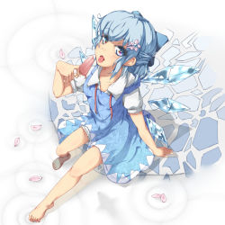 Rule 34 | 1girl, arm support, barefoot, blue eyes, blue hair, bow, breasts, cirno, dress, feet, food, full body, gpbeta, hair bow, hair ornament, highres, ice cream, matching hair/eyes, multicolored eyes, open mouth, petals, ribbon, short hair, small breasts, solo, tongue, tongue out, touhou, water, wings
