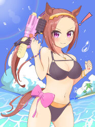 Rule 34 | 1girl, absurdres, alternate costume, animal ears, beach, bikini, black bikini, blush, bow, bracelet, breasts, brown hair, cleavage, clenched hand, commentary request, cow, finger on trigger, flower-shaped pupils, gold bracelet, hairband, highres, holding, holding water gun, horse ears, horse girl, horse tail, jewelry, large breasts, long hair, looking at viewer, navel, necklace, outdoors, palm tree, pink bow, pink eyes, ponytail, sakura bakushin o (umamusume), sand, set, sevlhd hero, smile, solo, swimsuit, symbol-shaped pupils, tail, tree, umamusume, v-shaped eyebrows, water, water gun